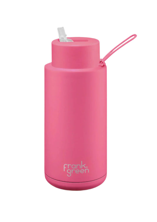Ceramic Bottle w Straw Lid 1ltr Neon Pink