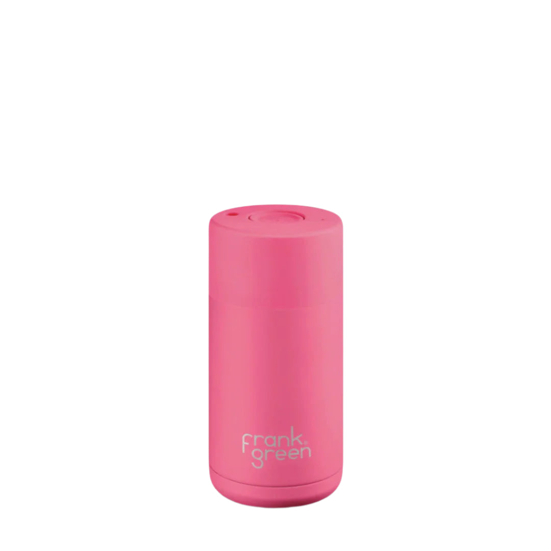 Ceramic Cup w Push Button Lid Neon Pink