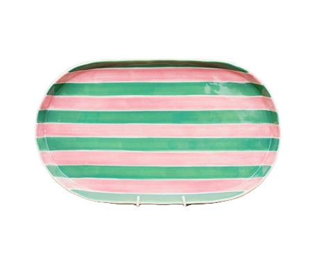 Oval Platter Pink & Green Stripe
