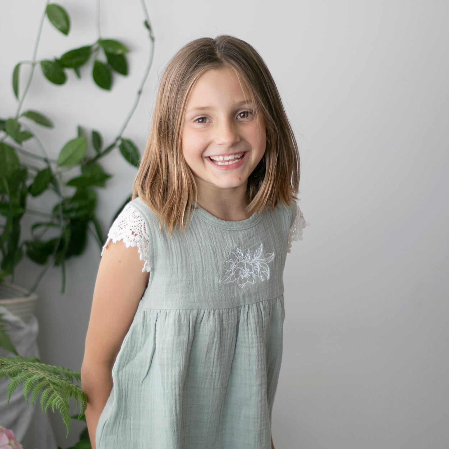 Milly Blouse - Sage with Lace Sleeves