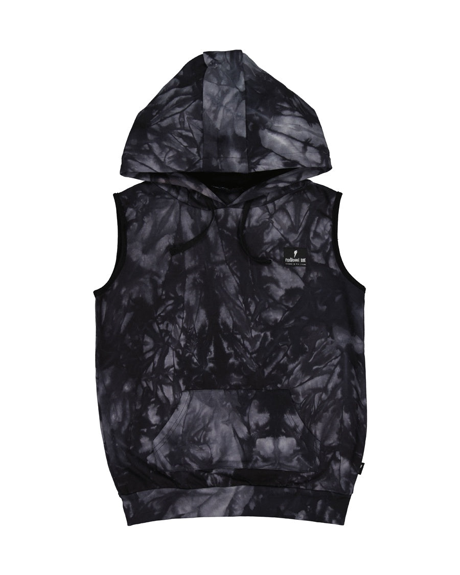 Cotton / spandex terry sleeveless hood in black tie-dye. Radicool Dude badge on chest & bolt print in white on reverse shoulder. A great piece for layering on cooler days or throw on as is. Fit is true to size.
