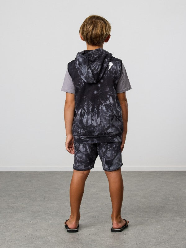 Cotton / spandex terry sleeveless hood in black tie-dye. Radicool Dude badge on chest & bolt print in white on reverse shoulder. A great piece for layering on cooler days or throw on as is. Fit is true to size.