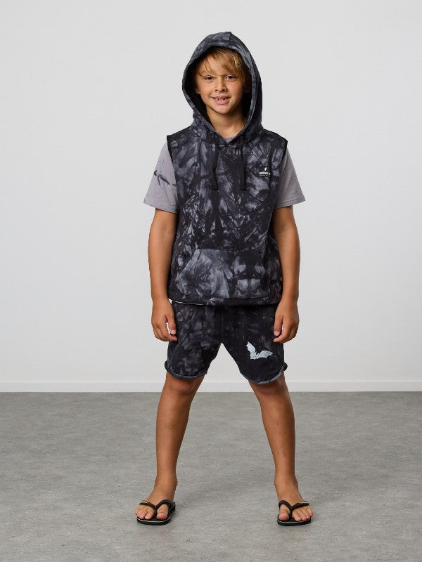 Cotton / spandex terry sleeveless hood in black tie-dye. Radicool Dude badge on chest & bolt print in white on reverse shoulder. A great piece for layering on cooler days or throw on as is. Fit is true to size.