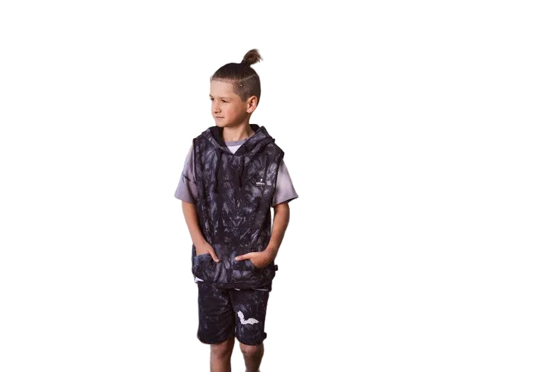 Cotton / spandex terry sleeveless hood in black tie-dye. Radicool Dude badge on chest & bolt print in white on reverse shoulder. A great piece for layering on cooler days or throw on as is. Fit is true to size.