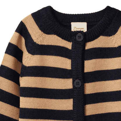 Merino Knit Cardigan Navy Caramel Stripe