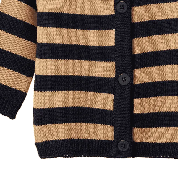 Merino Knit Cardigan Navy Caramel Stripe