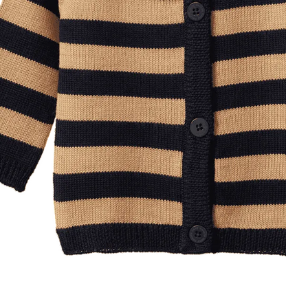 Merino Knit Cardigan Navy Caramel Stripe