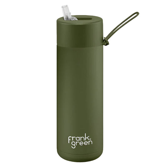 Ceramic Bottle w Straw Lid 595ml Khaki