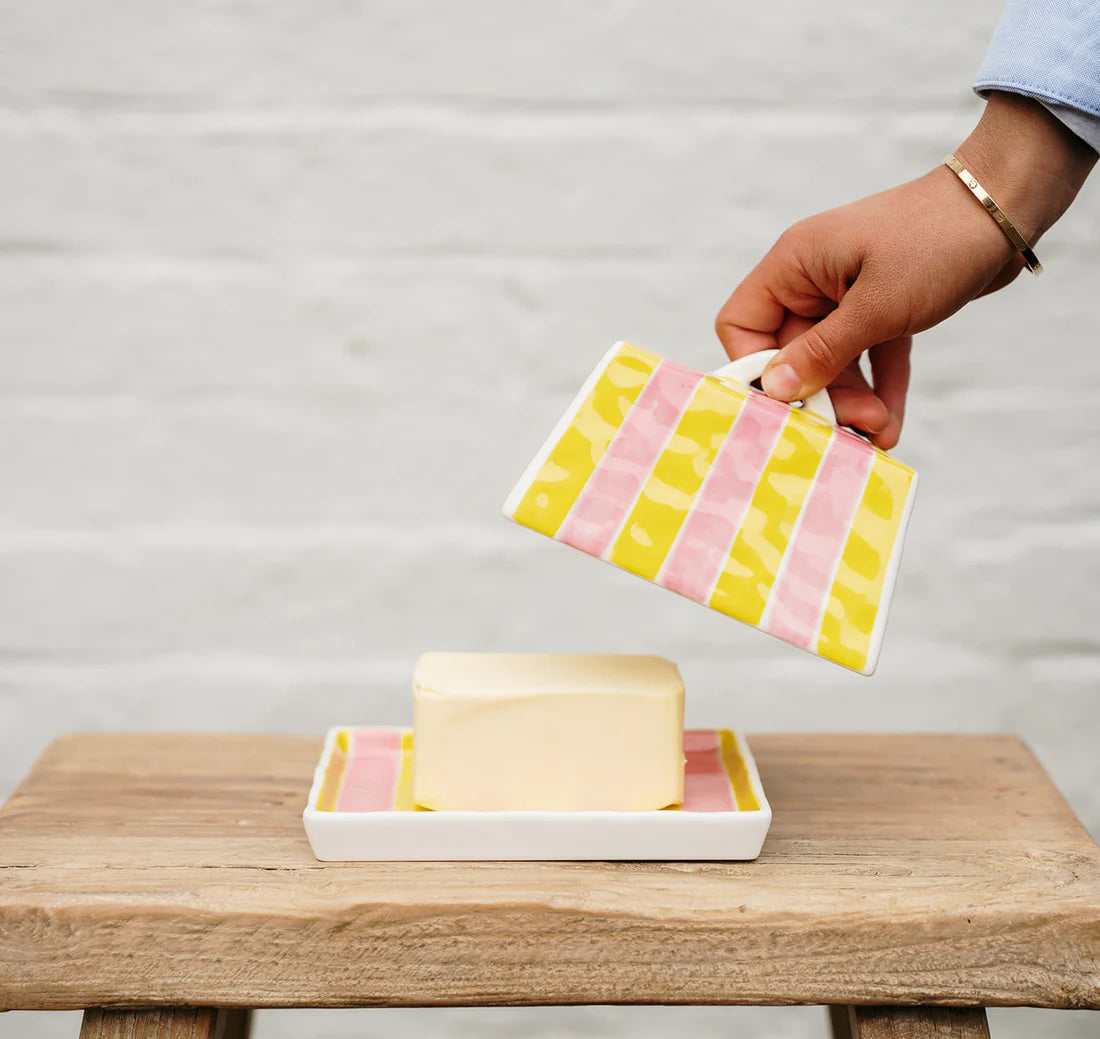 Butter Dish Pink & Yellow Stripe
