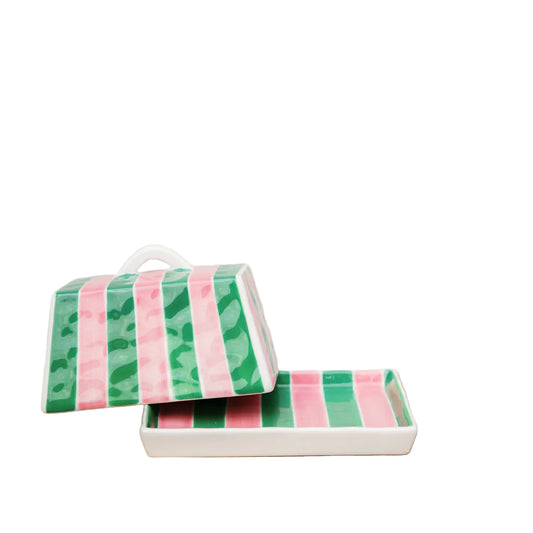 Butter Dish Pink & Green Stripe