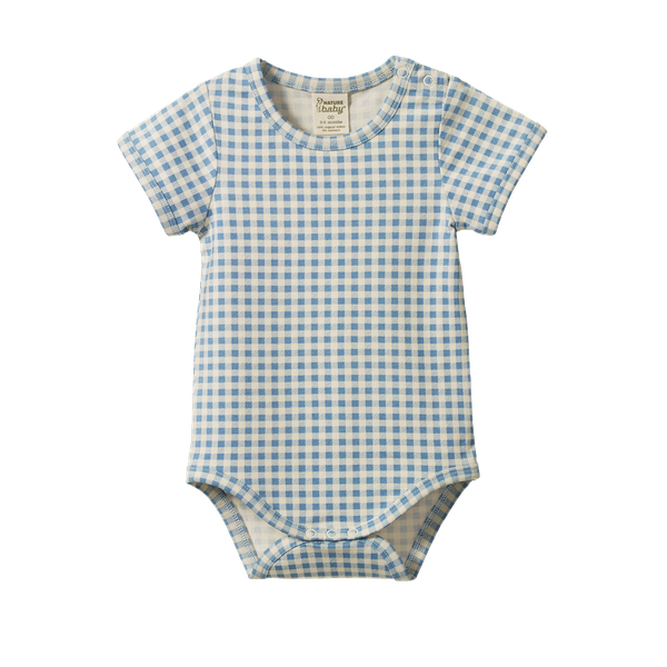 Stretch Jersey Short Sleeve Bodysuit Blue Gingham