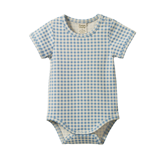 Stretch Jersey Short Sleeve Bodysuit Blue Gingham