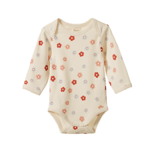 Cotton Long Sleeve Bodysuit Petite Flora Stamp