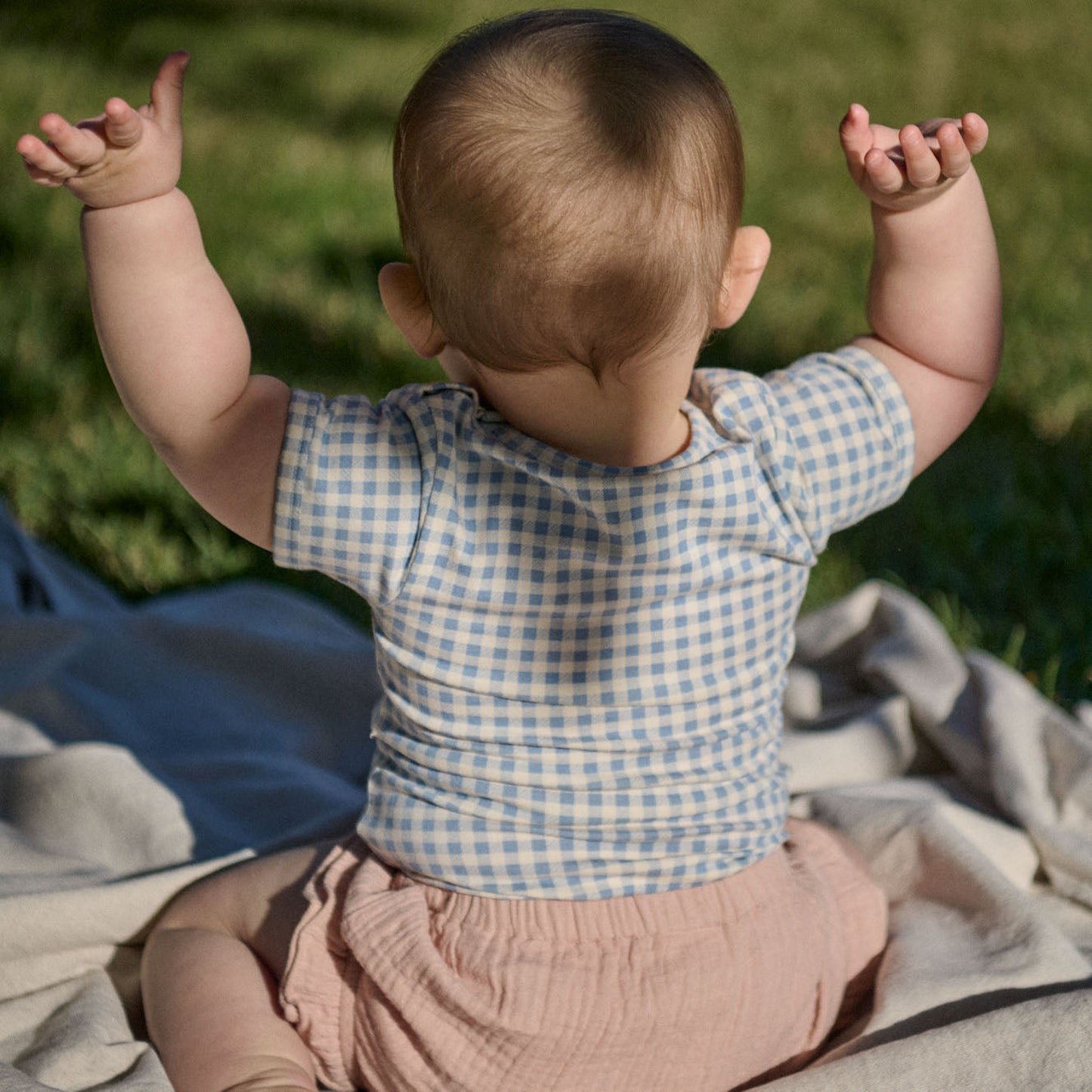 Stretch Jersey Short Sleeve Bodysuit Blue Gingham