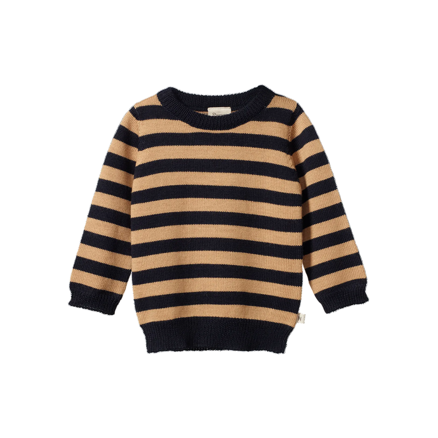 Merino Knit Pullover Navy Caramel Stripe
