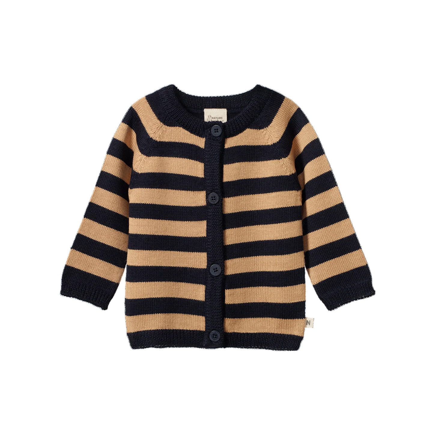 Merino Knit Cardigan Navy Caramel Stripe