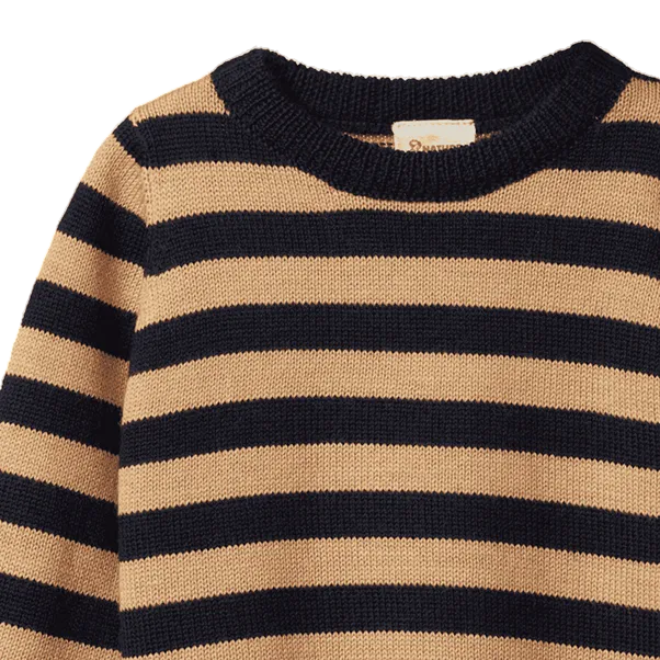 Merino Knit Pullover Navy Caramel Stripe