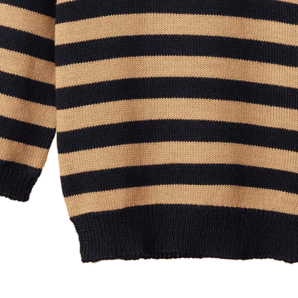 Merino Knit Pullover Navy Caramel Stripe