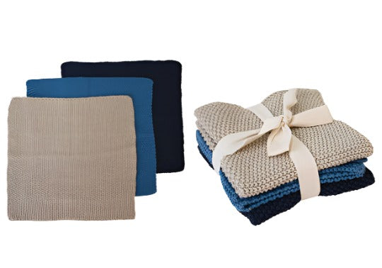 Knitted Dishcloth 3pk Blue