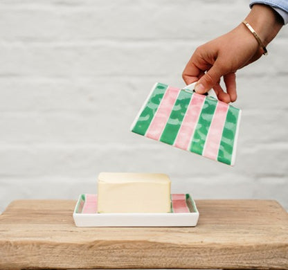 Butter Dish Pink & Green Stripe