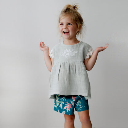 Milly Blouse - Sage with Lace Sleeves