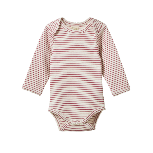 Cotton Long Sleeve Bodysuit Rhubarb Pinstripe