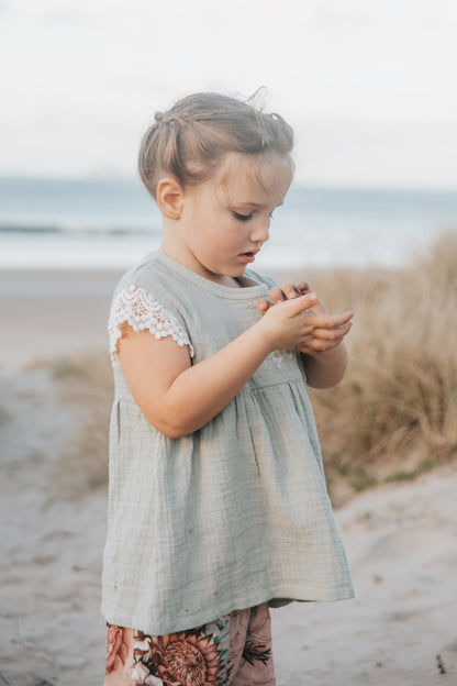 Milly Blouse - Sage with Lace Sleeves