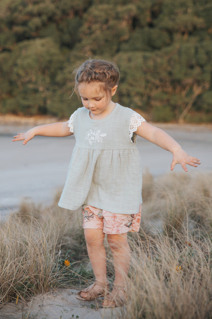 Milly Blouse - Sage with Lace Sleeves