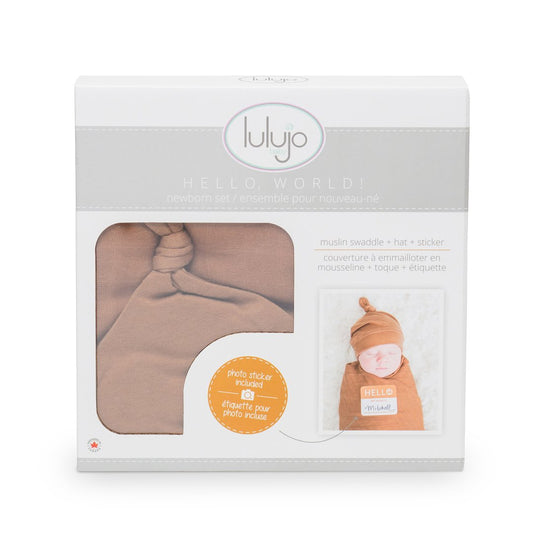 Hello World Bamboo Swaddling Blanket & Matching Hat - Tan