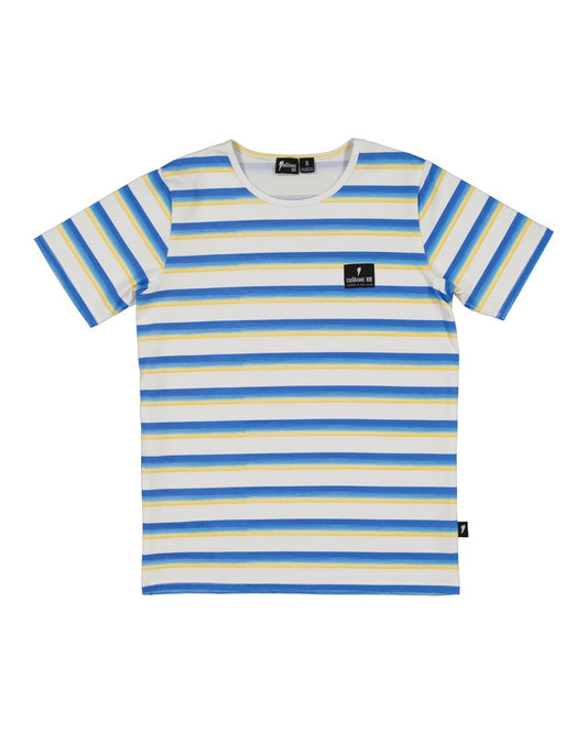 Radicool Kids beach stripe tee: Cotton / spandex tee in white with beach waves printed in horizontal stripes. Radicool Dude badge on chest. We love a stripe, even more when it’s the colours of the beach!  Fit is true to size.