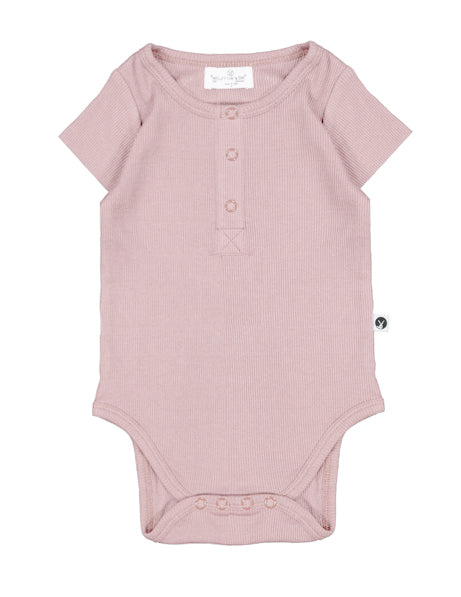 Rib Henley Short Sleeve Bodysuit - Dusty Rose